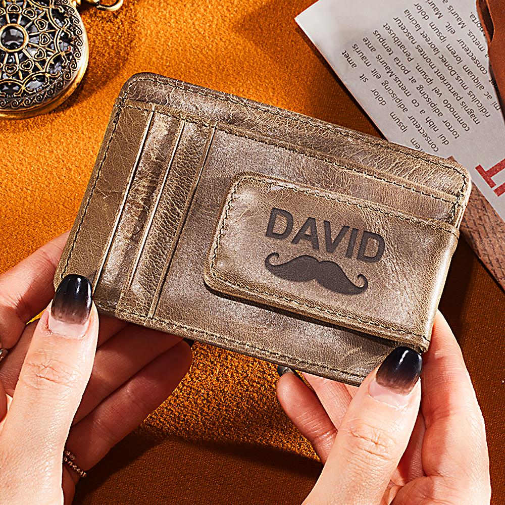 Custom Name PU Leather Wallet Card Holder with Mustache Design Gift for Him/Her