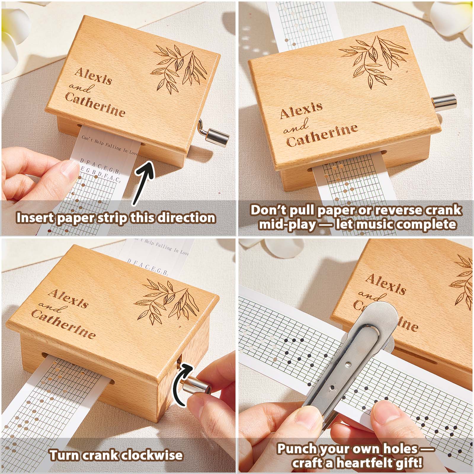 Custom Text Hand-Cranked Paper Strip Music Box – 15-Note Movement with 2 Pre-Printed Melodies (15 Seconds Each)