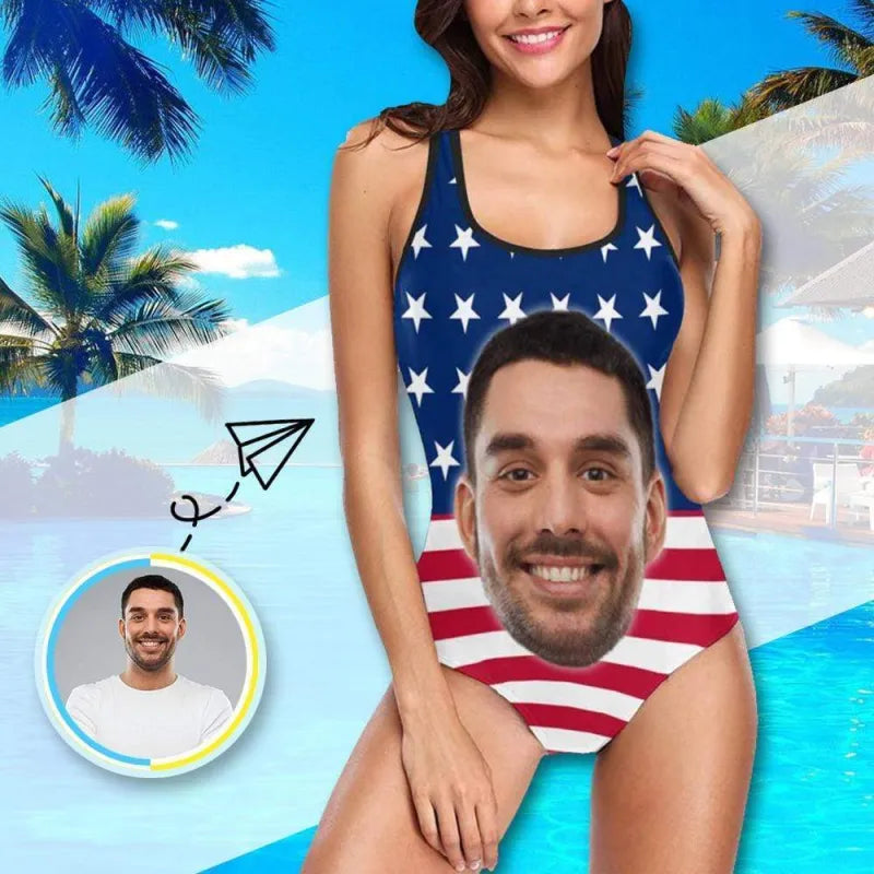 Custom American Flag Swimsuit With Boyfriend Face Women Swimsuit Face Bathing Suit