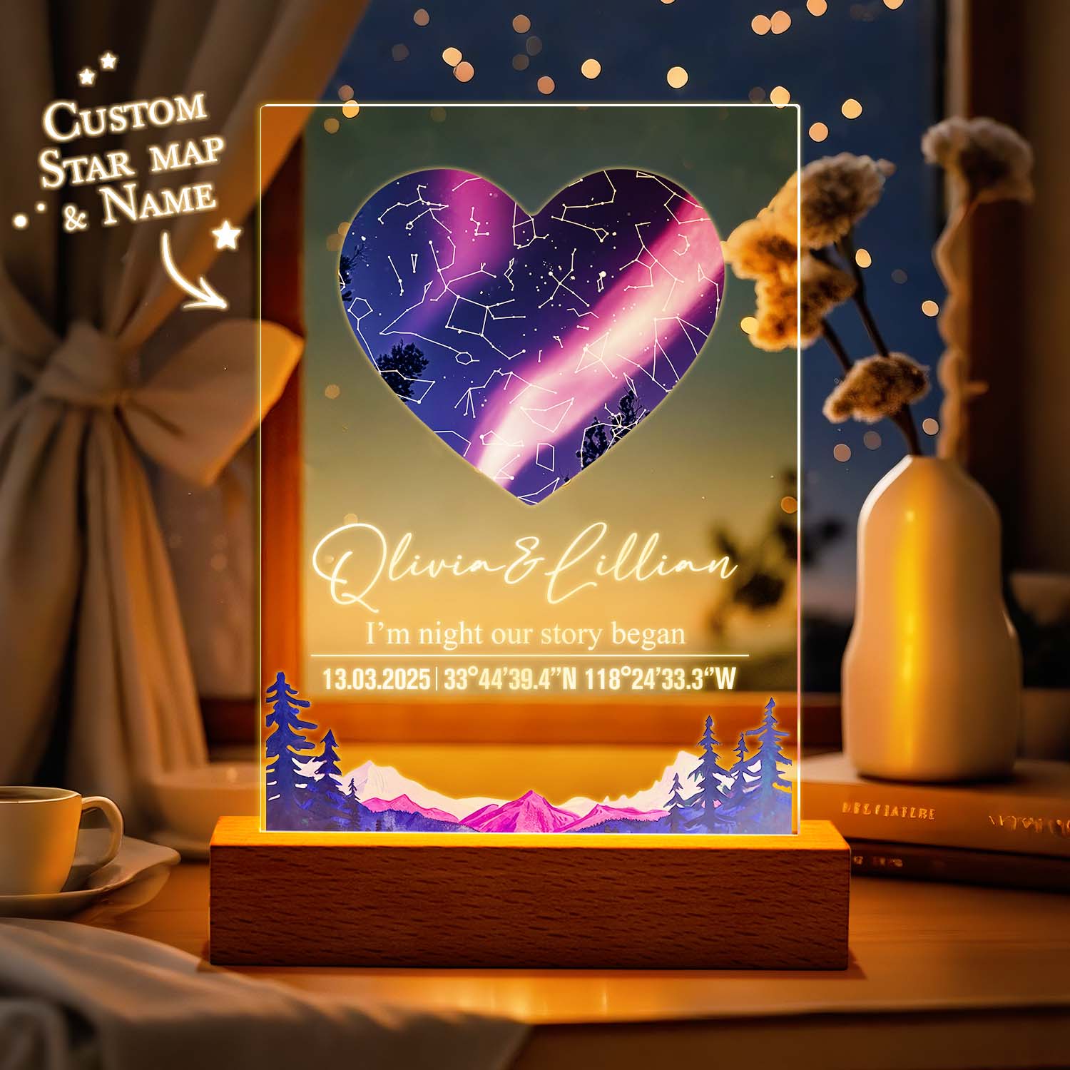 Custom Star Map Night Light Acrylic Lamp with Date Text and Wooden Base Home Decor for Valentine’s Day Anniversary Gift for Couples