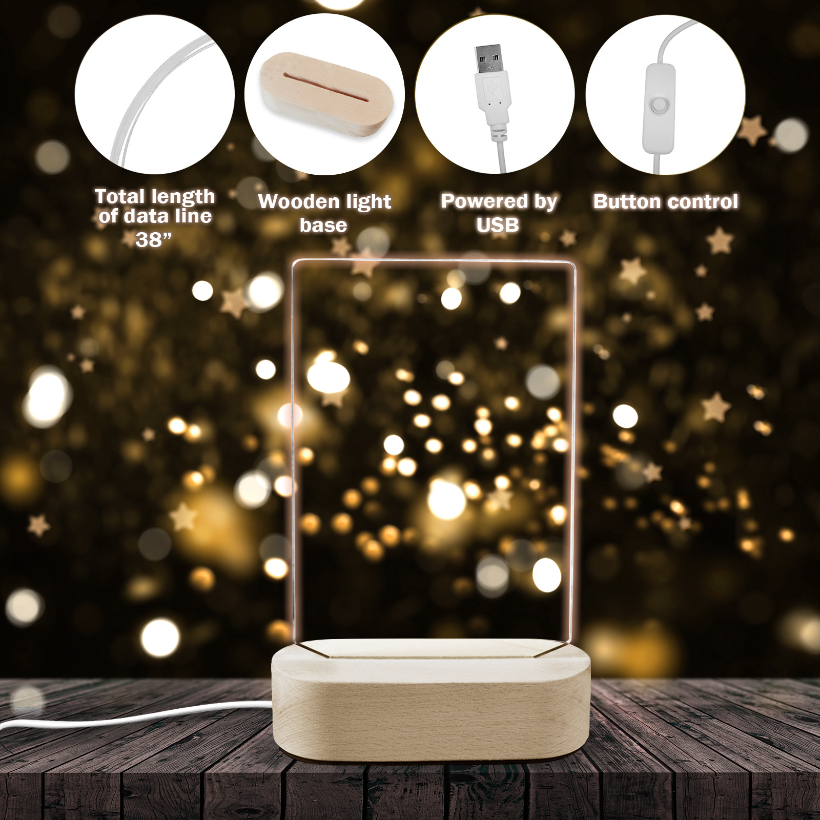 Custom Acrylic Night Light Plaque with Wooden Base – Personalized Photo LED Lamp Gift